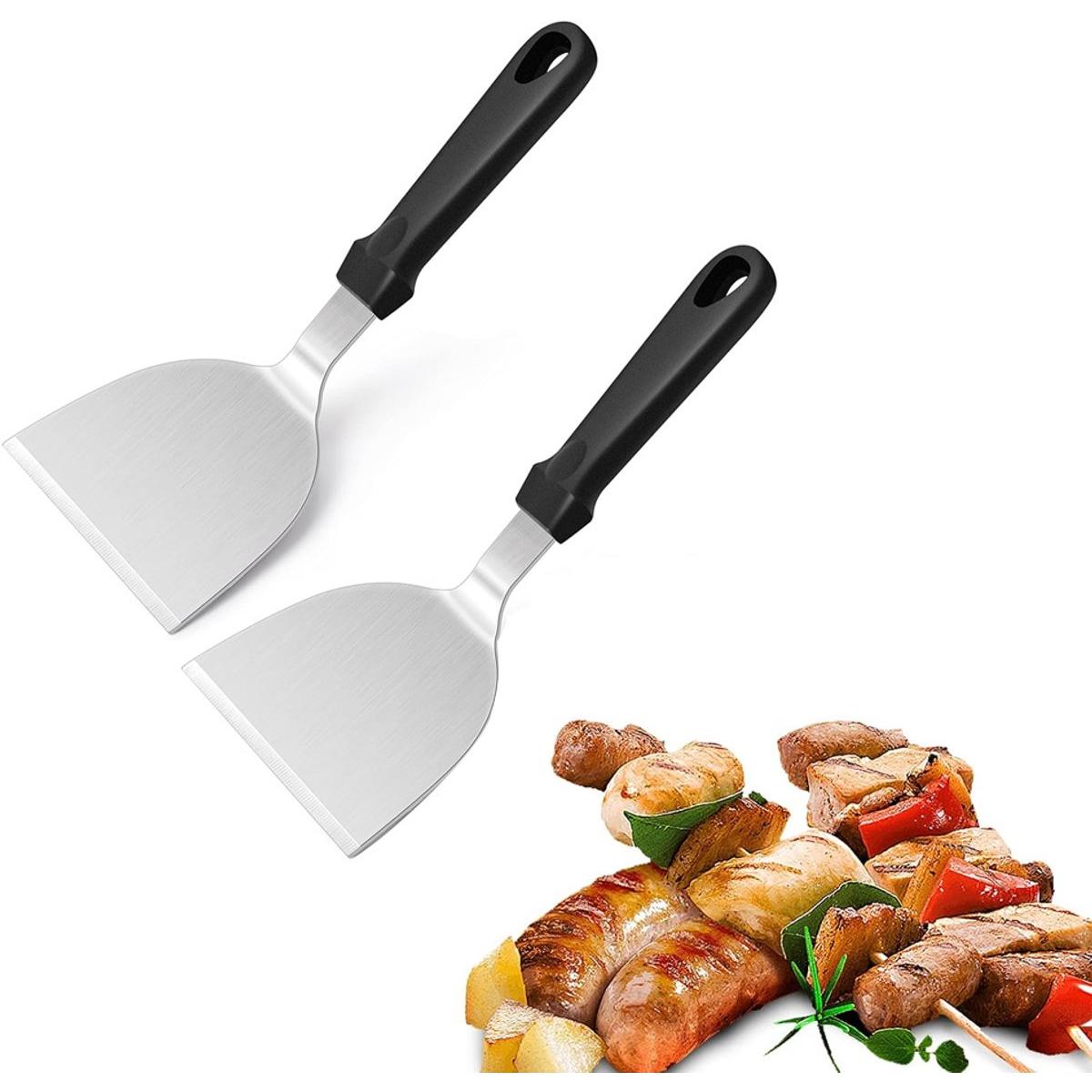 Espátula metálica de 2 piezas - Espátula de acero inoxidable para sartén - 25 x 12 cm - Mango de plástico - Sartén plana teppanyaki - Utensilio para fogata - Adecuado para barbacoa, camping y cocina - Fácil de limpiar