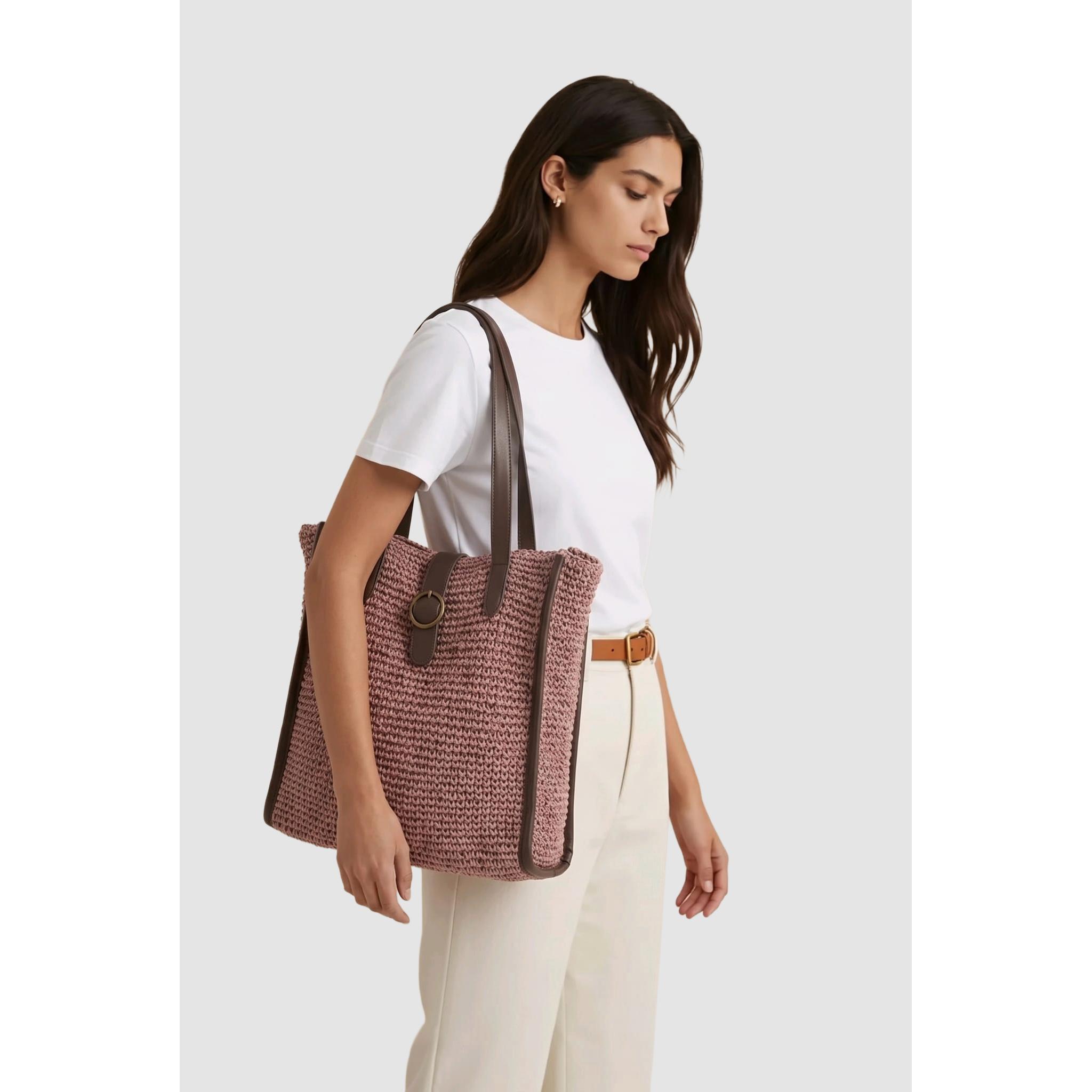Bolso shopper Marca BanBat grande de efecto rafia con ribetes y asas en efecto piel premium, interior de algodón con bolsillo, 30x40x10 cm para oficina y verano- REF: MA2027