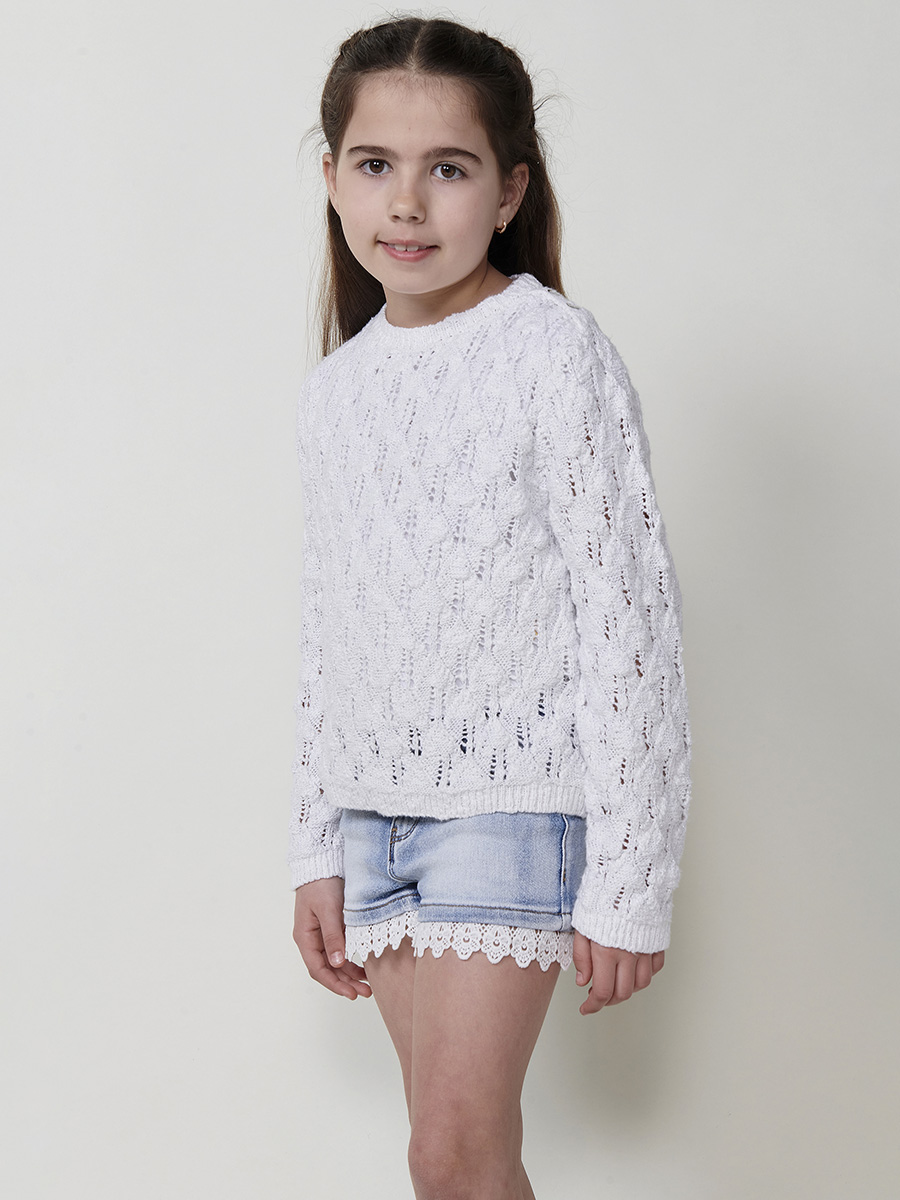 Koroshi - Jersey tricot niña cuello redondo con brillo sutil, 90% algodón y 10% fibra metálica, blanco, manga larga para entretiempo