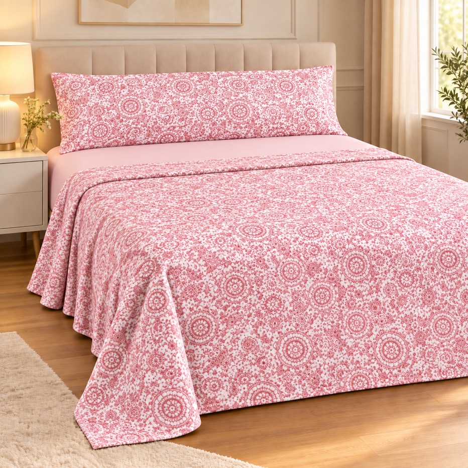 Juego de Sábanas Coralina de 3 Piezas, Suaves y Cálidas para Invierno, Sábana Encimera Estampada, Bajera Ajustable Lisa y Funda de Almohada Larga, 100% Poliéster.