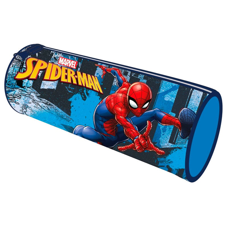 Portatodos Spider-Man Marvel, Estuche Escolar Infantil con Cremallera, Diseño Cilindrico Compacto, para Lapices y Boligrafos, Organizador Resistente para Colegio y Viaje, Azul