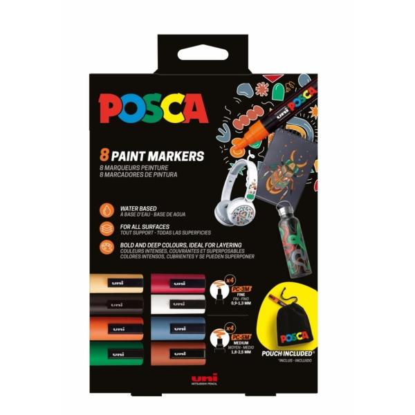 Posca edicion limitada pack de 4 marcadores de pintura pc5m + 4 marcadores de pintura pc3m + regalo bolsa de tela - punta redondeada - tinta base al agua - colores surtidos