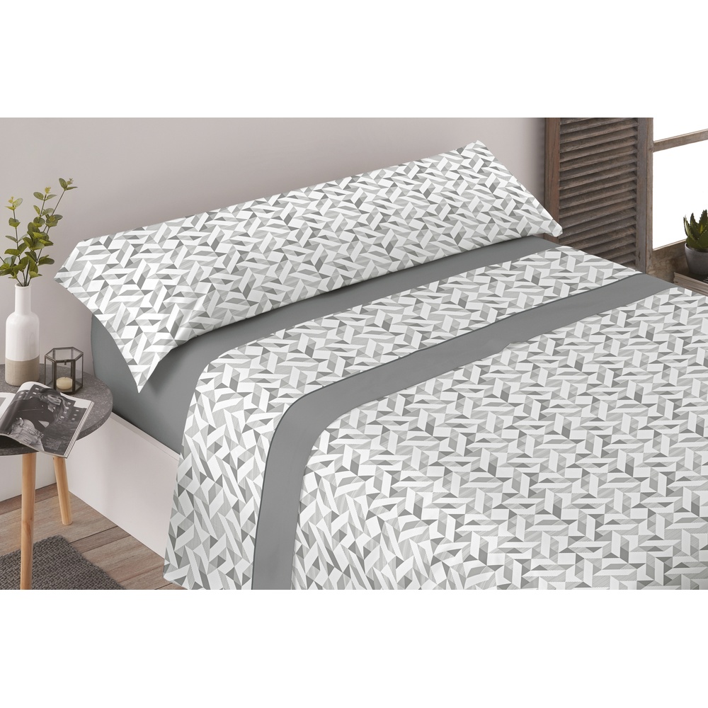 CARPE DIEM Juego de Sábanas GEOMETRIC Gris 100% Microfibra | Encimera + Bajera Ajustable + Funda de Almohada | Cama 90, 105, 135, 150 y 150 cm con 2 Almohadas