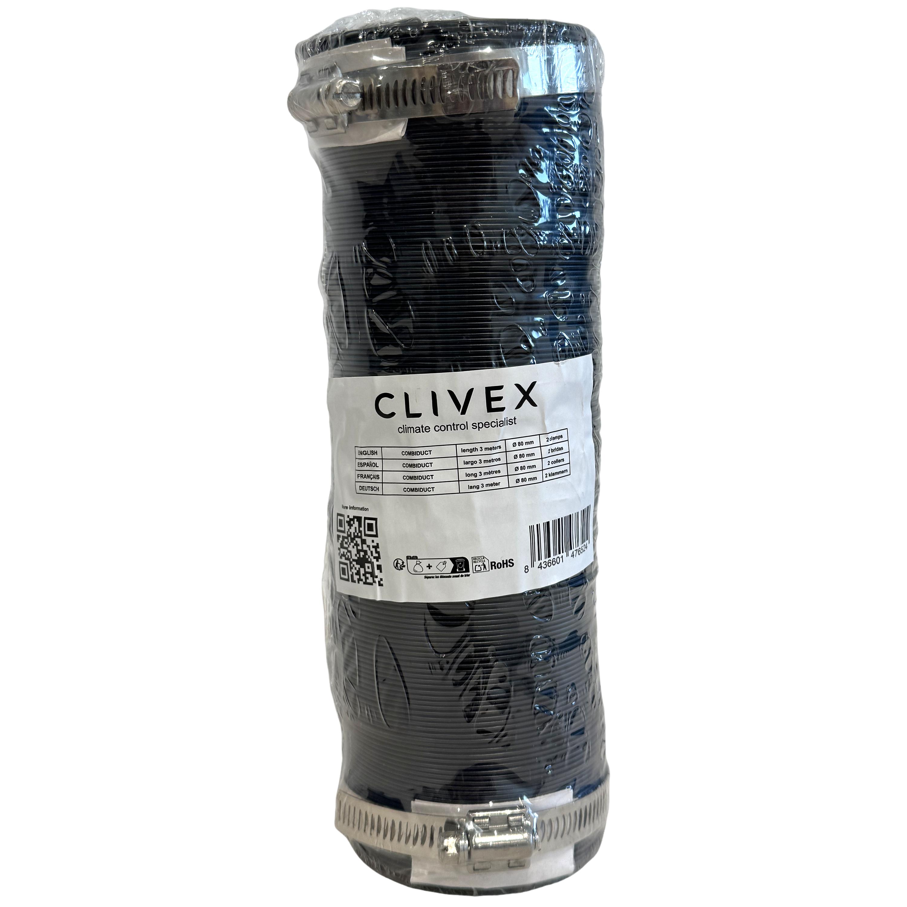 Tubo Flexible de aluminio y PVC Clivex Combiduct 80mm (3m) Abrazaderas incluidas Reduce el sonido de tu extracción o intracción de aire