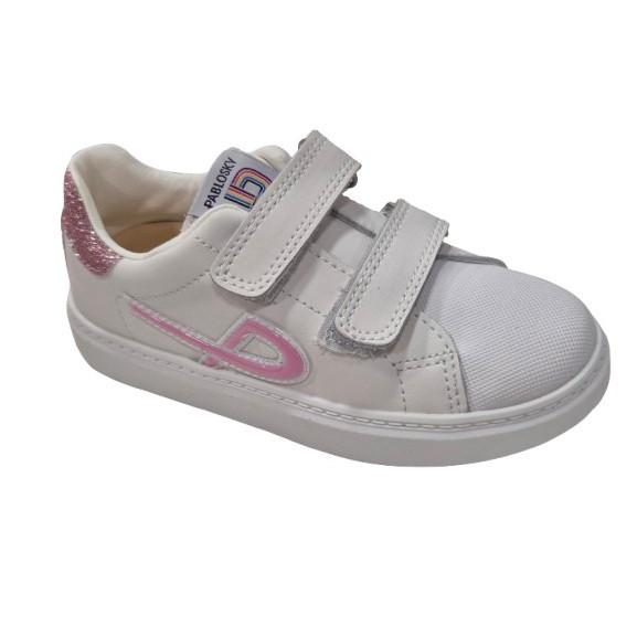 Zapatillas Deportivas Con Velcro Para Niñas, Marca Pablosky, En Color Blanco Y Rosa. Pablosky