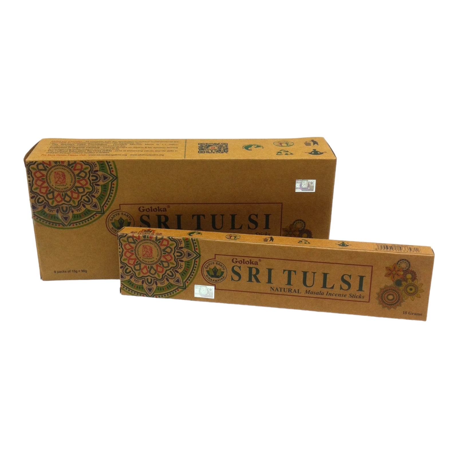 Incienso Goloka Sri Tulsi Natural Ecológico – Varillas Masala hechas a mano en India – Aroma Albahaca Sagrada – Caja de 6 unidades
