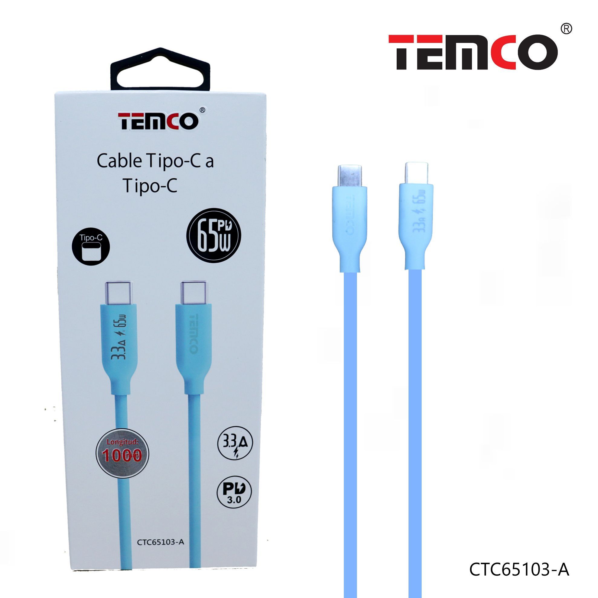 Cable 3,3A 1m Tipo C a Tipo C 20V Azul