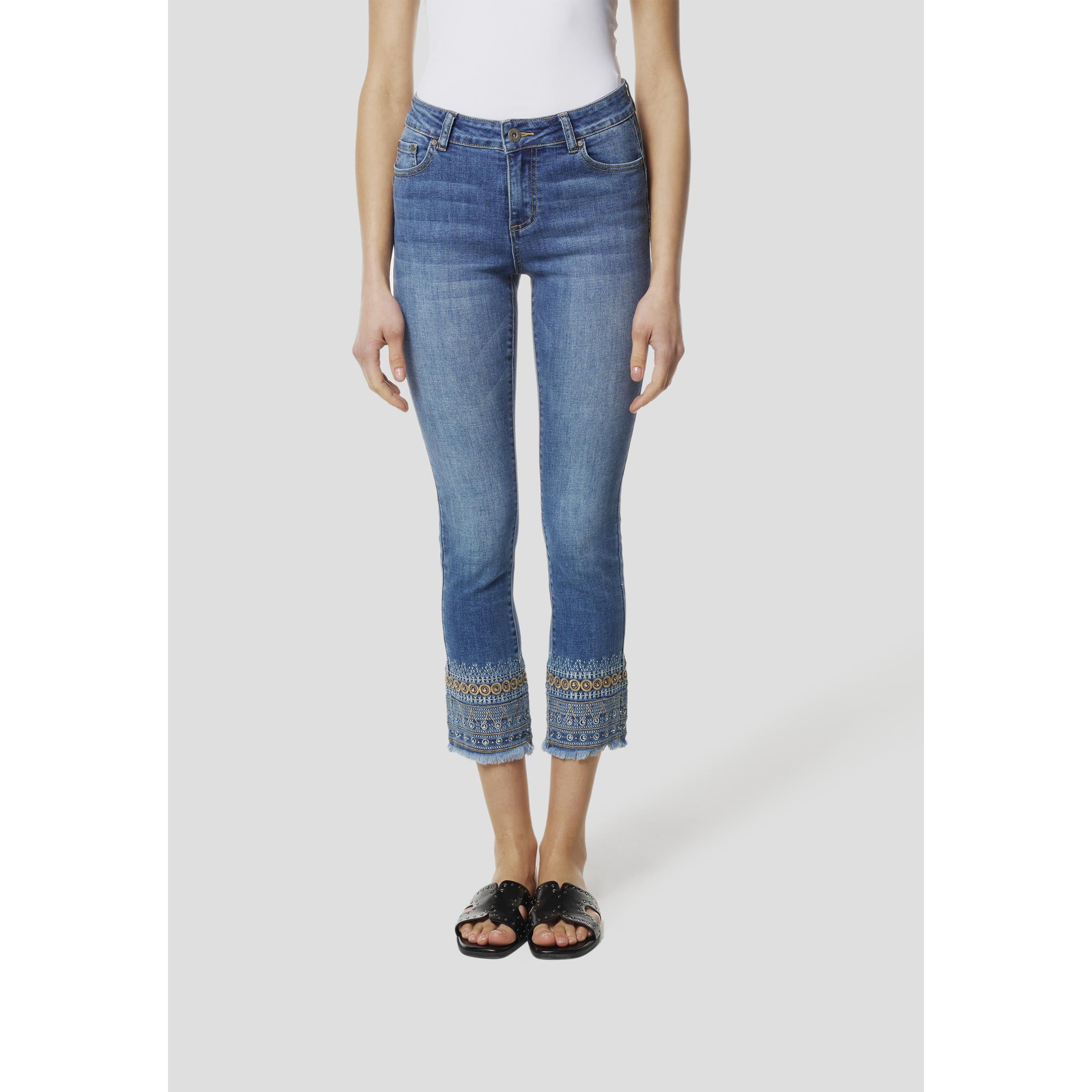 Koroshi - Pantalón pirata vaquero mujer con efecto push-up, denim elástico 70% algodón y bordado artesanal, lavado azul oscuro