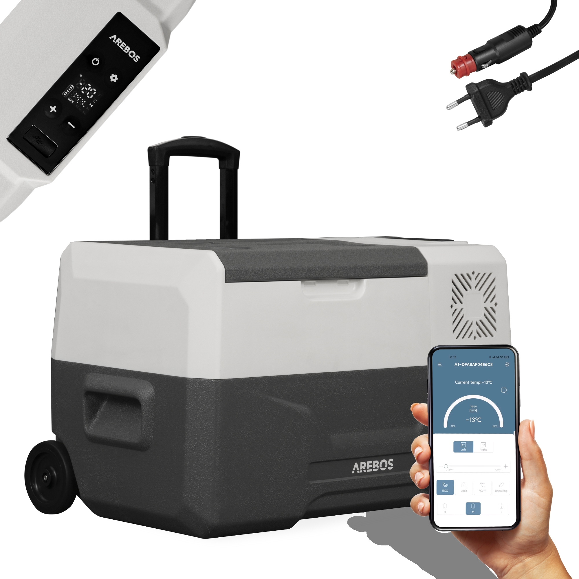 AREBOS 27L Caja refrigerada con Compresor y ruedas, eléctrico coche nevera APP congelador caja camping