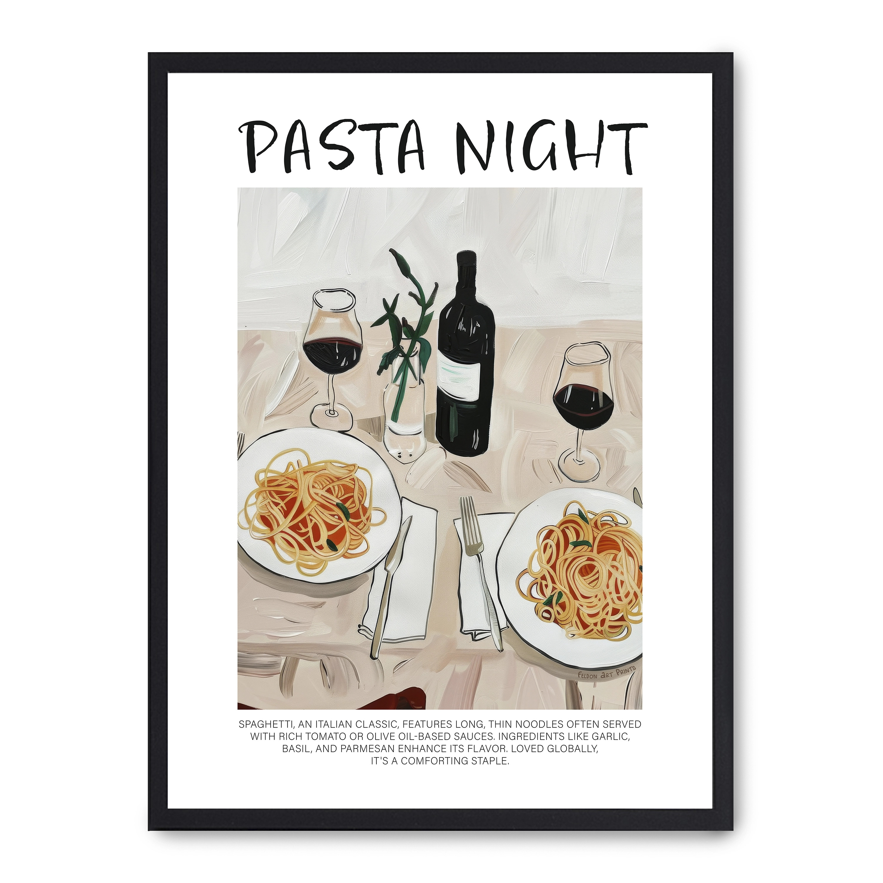 Cuadro pasta night 30x40cm, Póster impreso en papel de primera calidad de 180gr, montado sobre marco de madera MDF acabado en negro., Cocina - Gastronomía