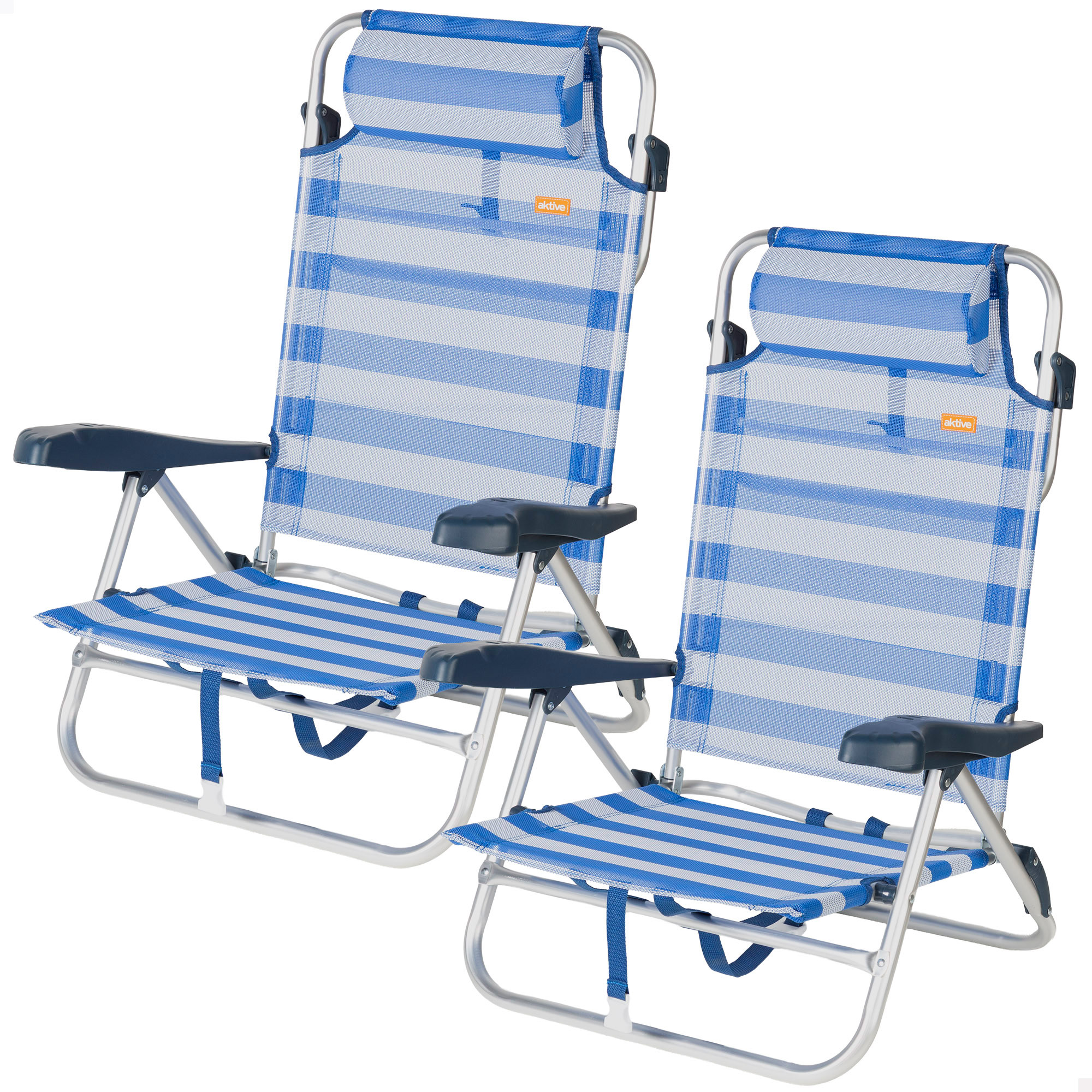 Aktive - Silla de playa plegable, baja, mide 47x49x82 cm, multiposición, 8 posiciones, textileno, aluminio, peso soportado 110 kg, asa transporte, sillas acolchadas