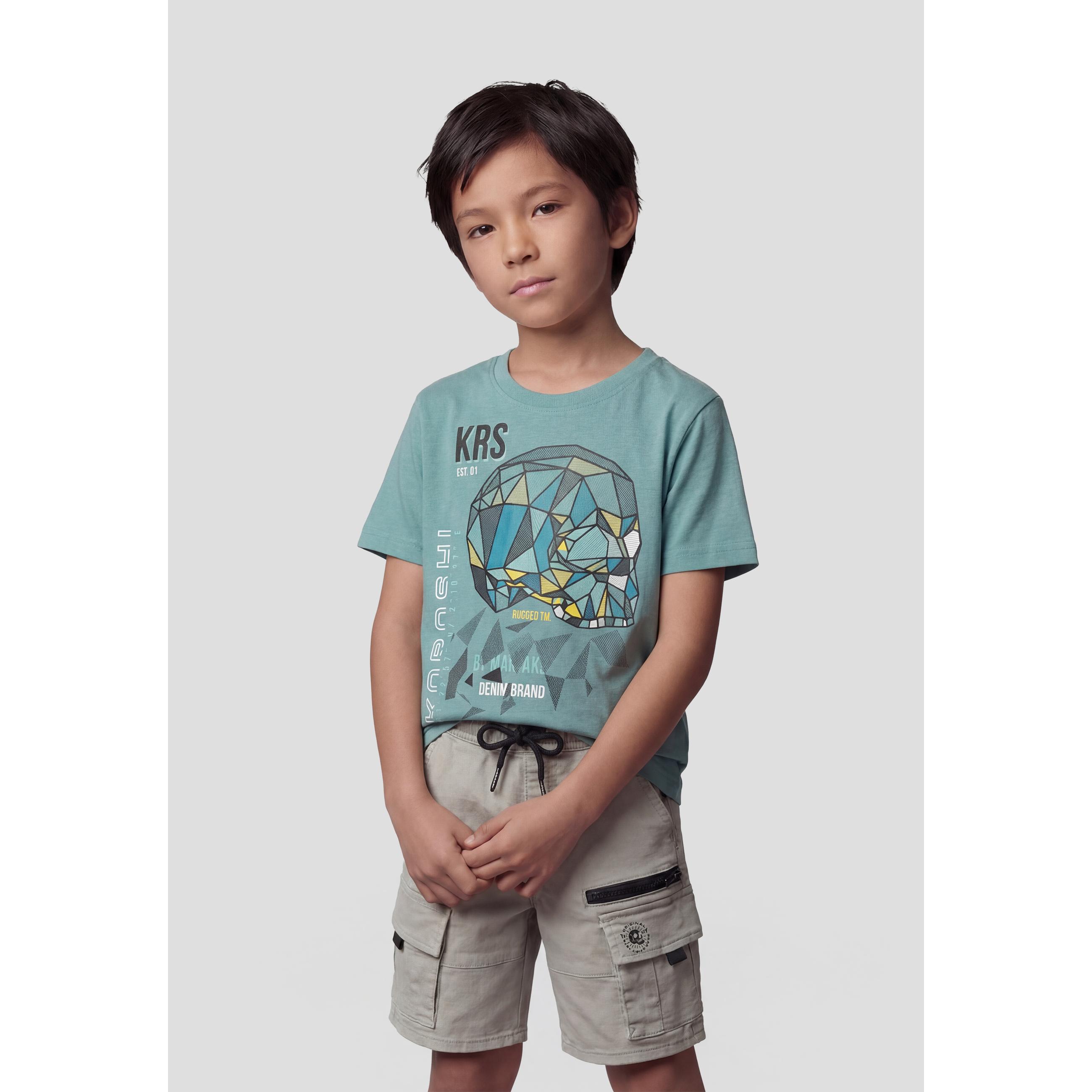 Koroshi - Camiseta niño manga corta estampada 100% algodón verde para uso diario y colegio, talla 6-12 años