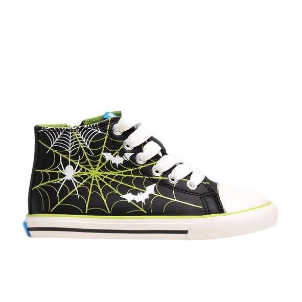 Zapatillas niño Mustang Free barefoot color Losfo negro y verde con estampado de araña y murcielago y luces en los cordones deportivos tipo bota de Mustang calzado respetuoso con cierre de cremallera lateral veganas y avaladas por el Dr Juanjo Lopez