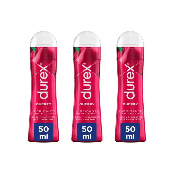Durex Play Cherry - Lubricante Comestible sin Azúcar, Fácil de Limpiar, Compatible con Preservativos, 3 Unidades de 50 ml
