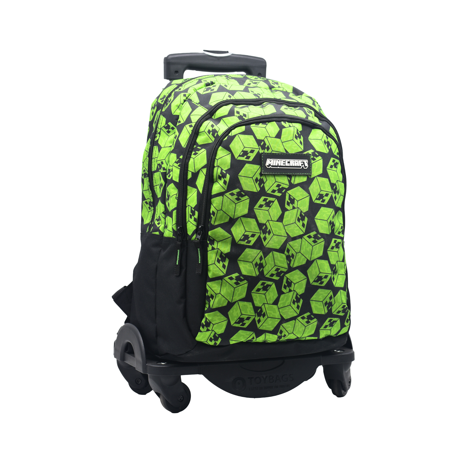 Mochila Primaria Minecraft Cubos doble compartimento + carro con protección lateral y stoper frontal, 4 ruedas multidireccionales.