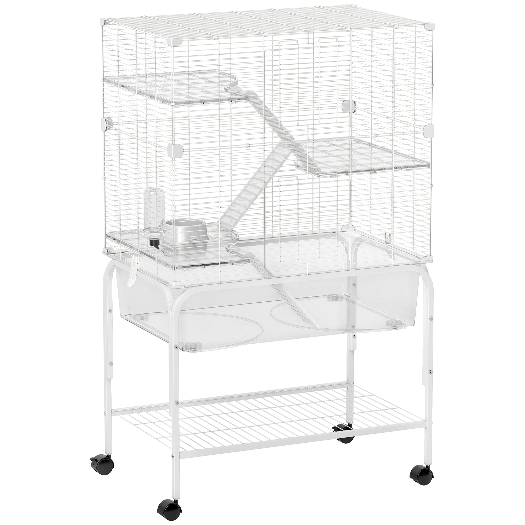 PawHut Jaula para Animales Pequeños de 4 Niveles con Ruedas Jaula para Roedores con Bandeja Profunda Rampas Plataformas Comedero y Bebedero Recinto para Chinchillas Hurones Hámster 73x47x123 cm Blanco