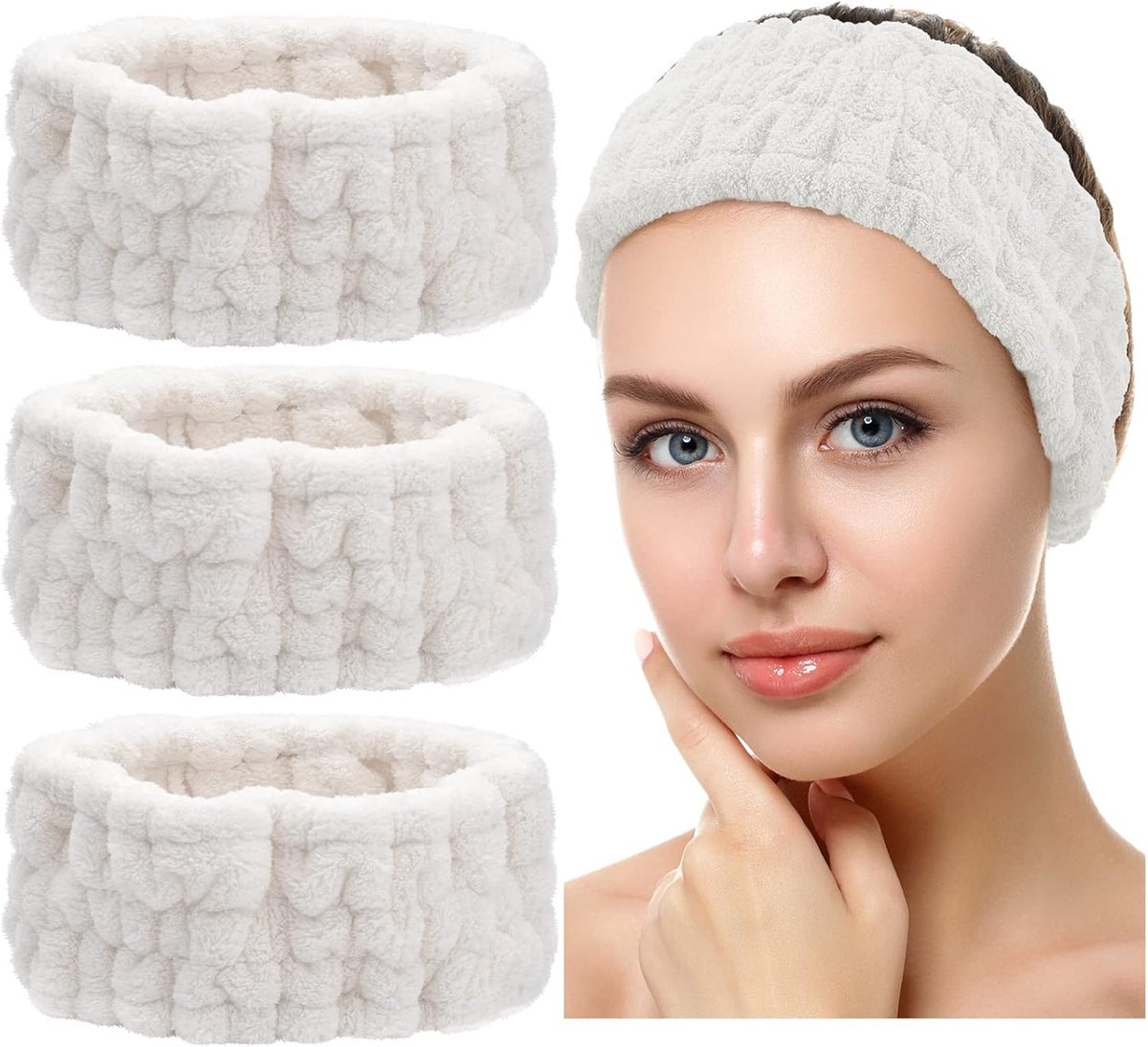 3-delige gezichtsreinigingshoofdband, make-uphoofdband, huidverzorgingshoofdband van fleece, sport- en yogahoofdband voor dames en meisjes (wit)