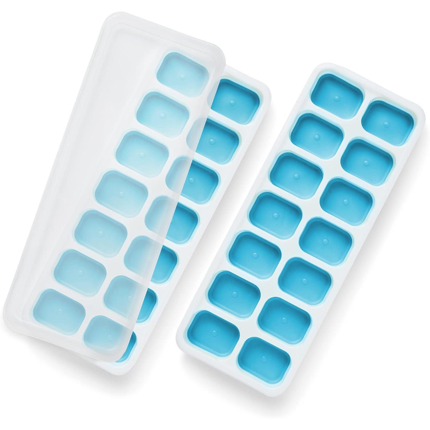 Bandejas de cubitos de hielo de silicona flexibles, paquete de 2, con tapas antiderrames, sin BPA, para fiestas, cócteles y líquidos congelados (azul)