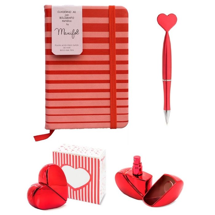MANIFOL SET CUADERNO A6 + BOLIGRAFO Y VAPORIZADOR CORAZON SAN VALENTIN 12x16x5 Cms.