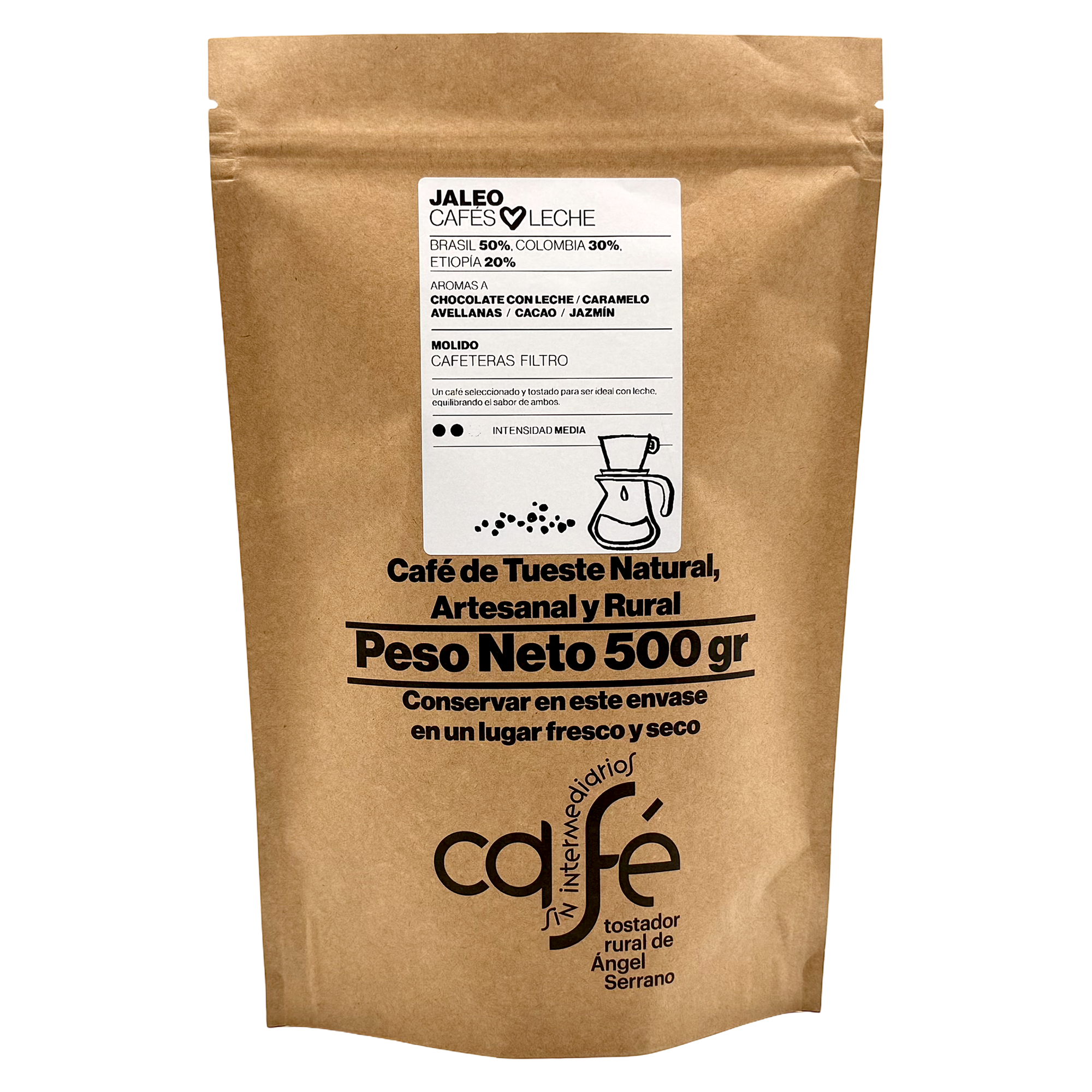 CAFÉ SIN INTERMEDIARIOS - Café de Brasil, Colombia y Etiopía - Jaleo - Ideal para combinar con leche - Intensidad de sabor Media - Recién tostado y envasado - 500 g Grano o Molido (Exprés, Filtro, Italiana, Americana, Superautomática)