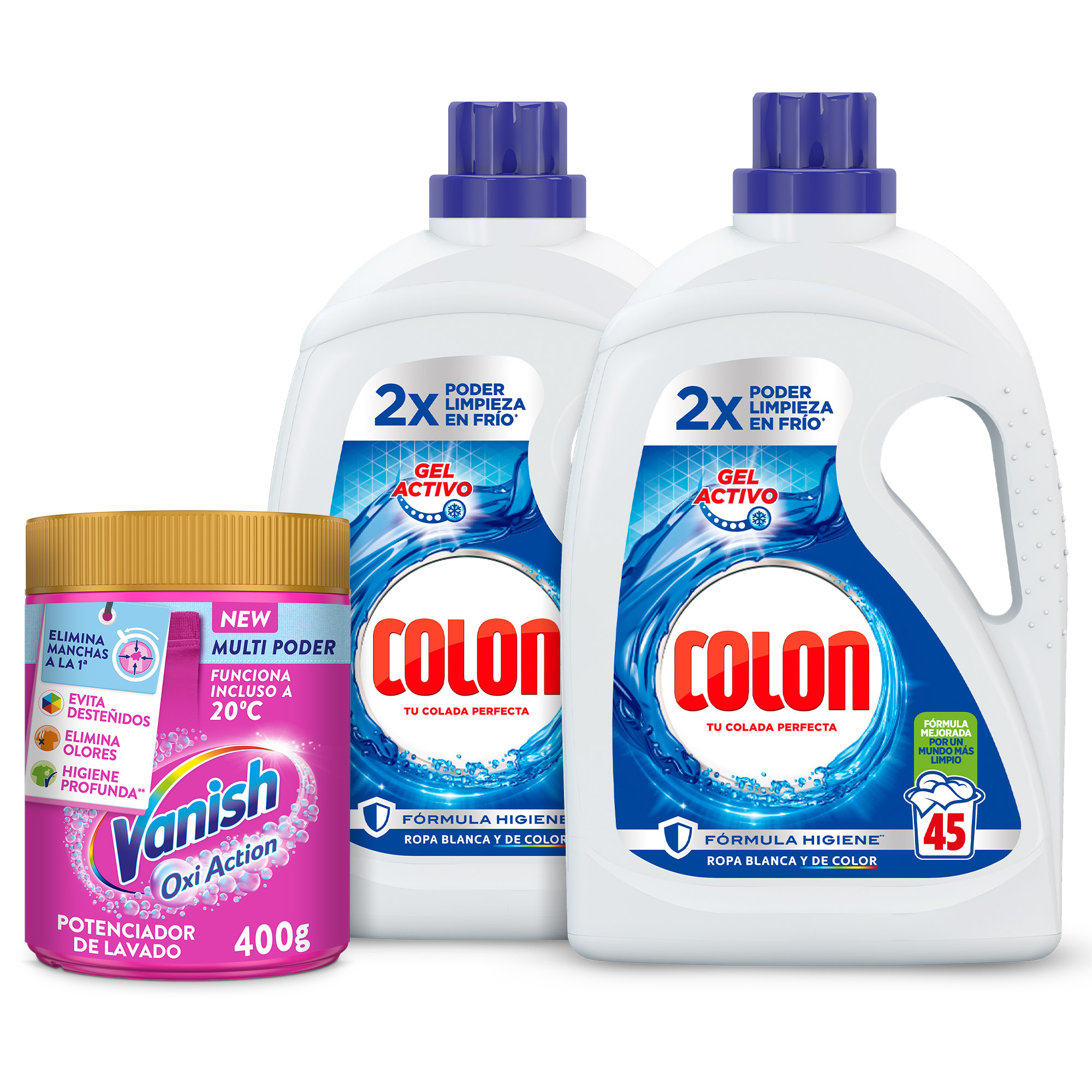 Colon Gel Activo Detergente Lavadora 90 lavados + Vanish Oxi Action Advance Quitamanchas 400g Polvo Pink Ropa Color