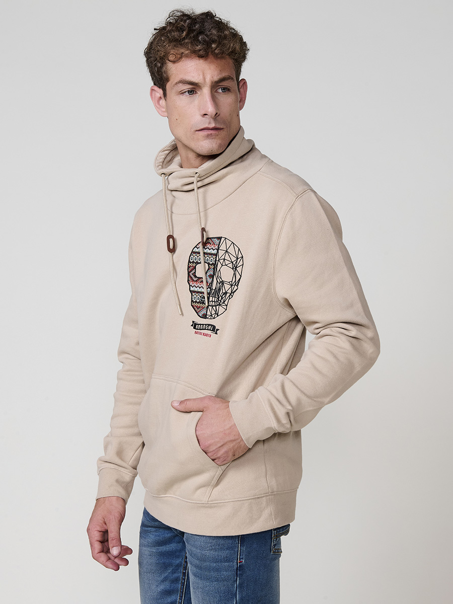 Koroshi - Sudadera hombre cuello chimenea 100% algodón con estampado de calavera frontal y bolsillo canguro modelo 2521SU09