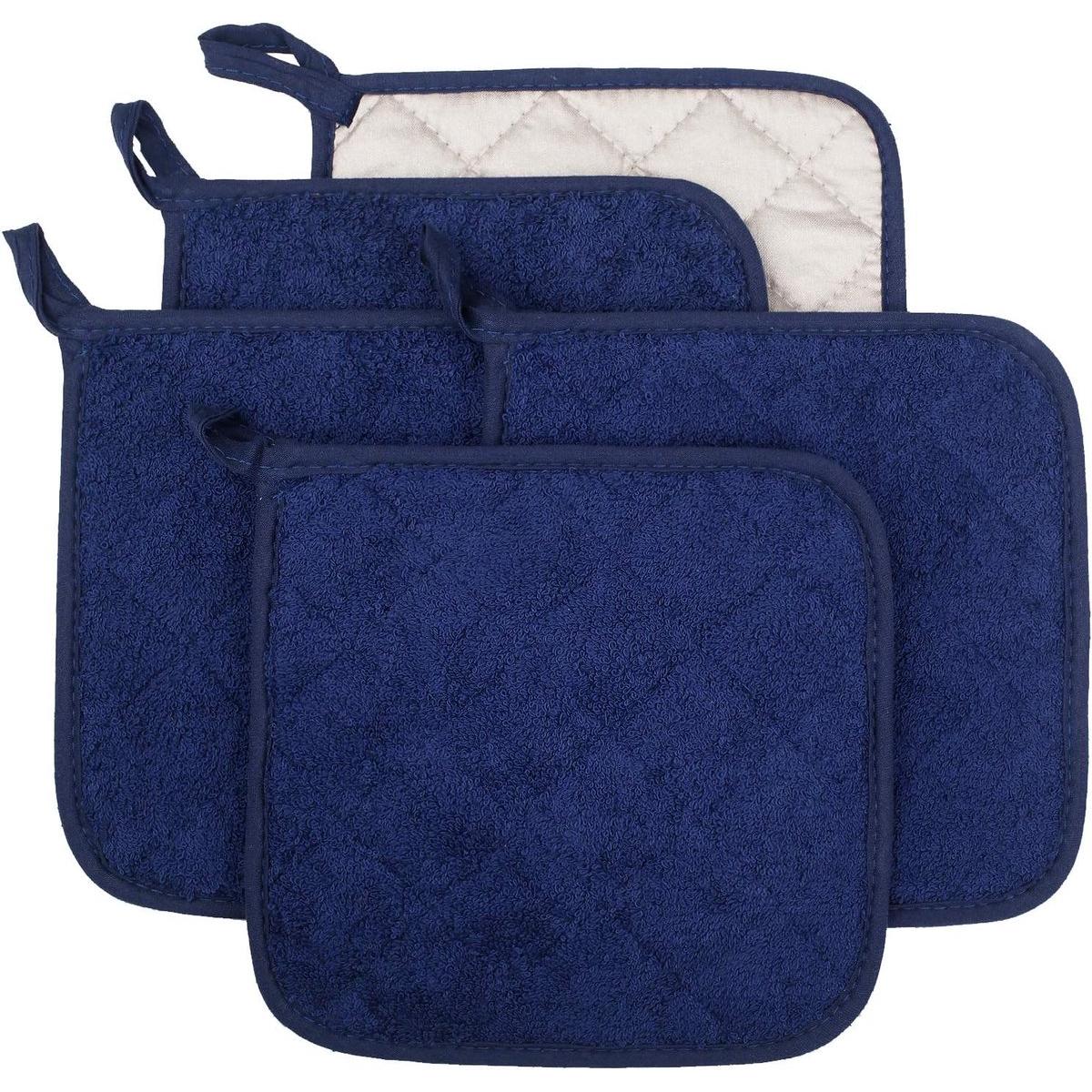 Juego de cocina de algodón de 5 piezas para uso diario - Agarraderas de tela de rizo - Agarraderas resistentes al calor - Agarraderas para cocinar y hornear - Azul oscuro