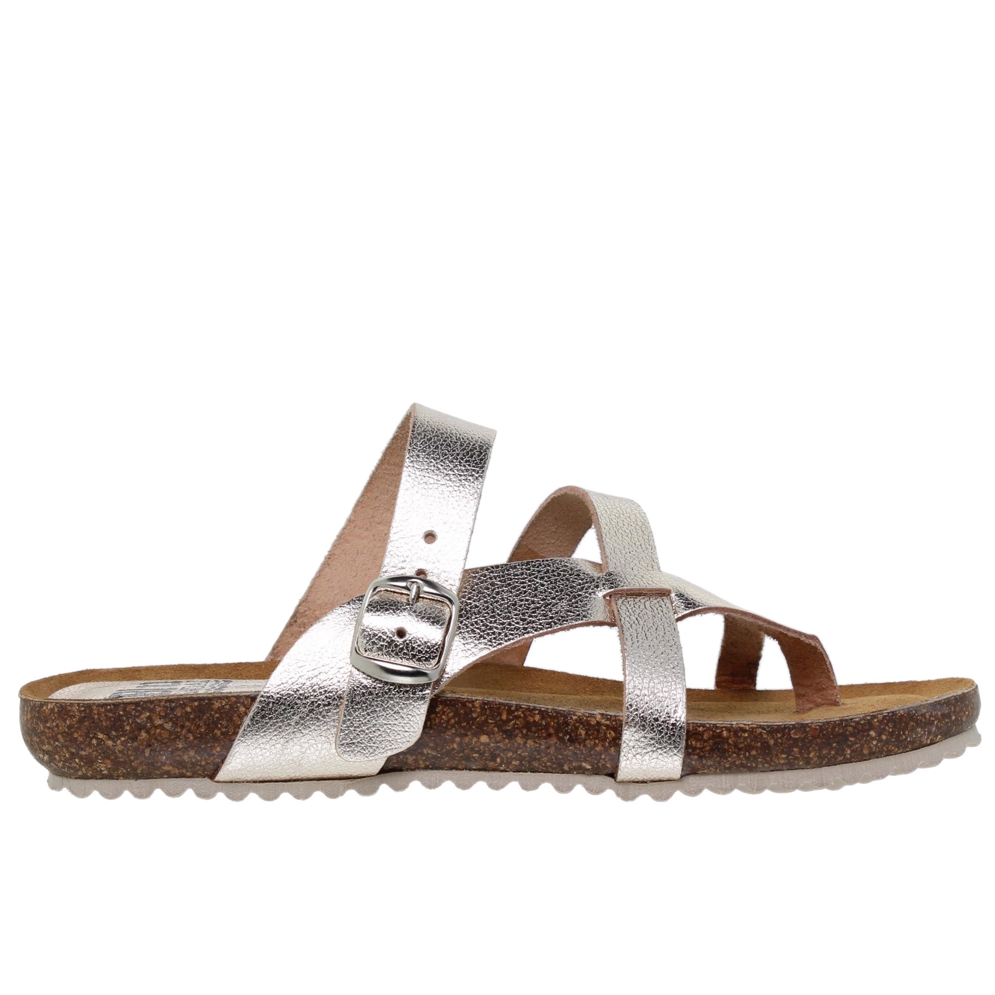 Sandalia plana mujer piel platino - Blusandal 8930BLU - Sandalia bio romana piel platino