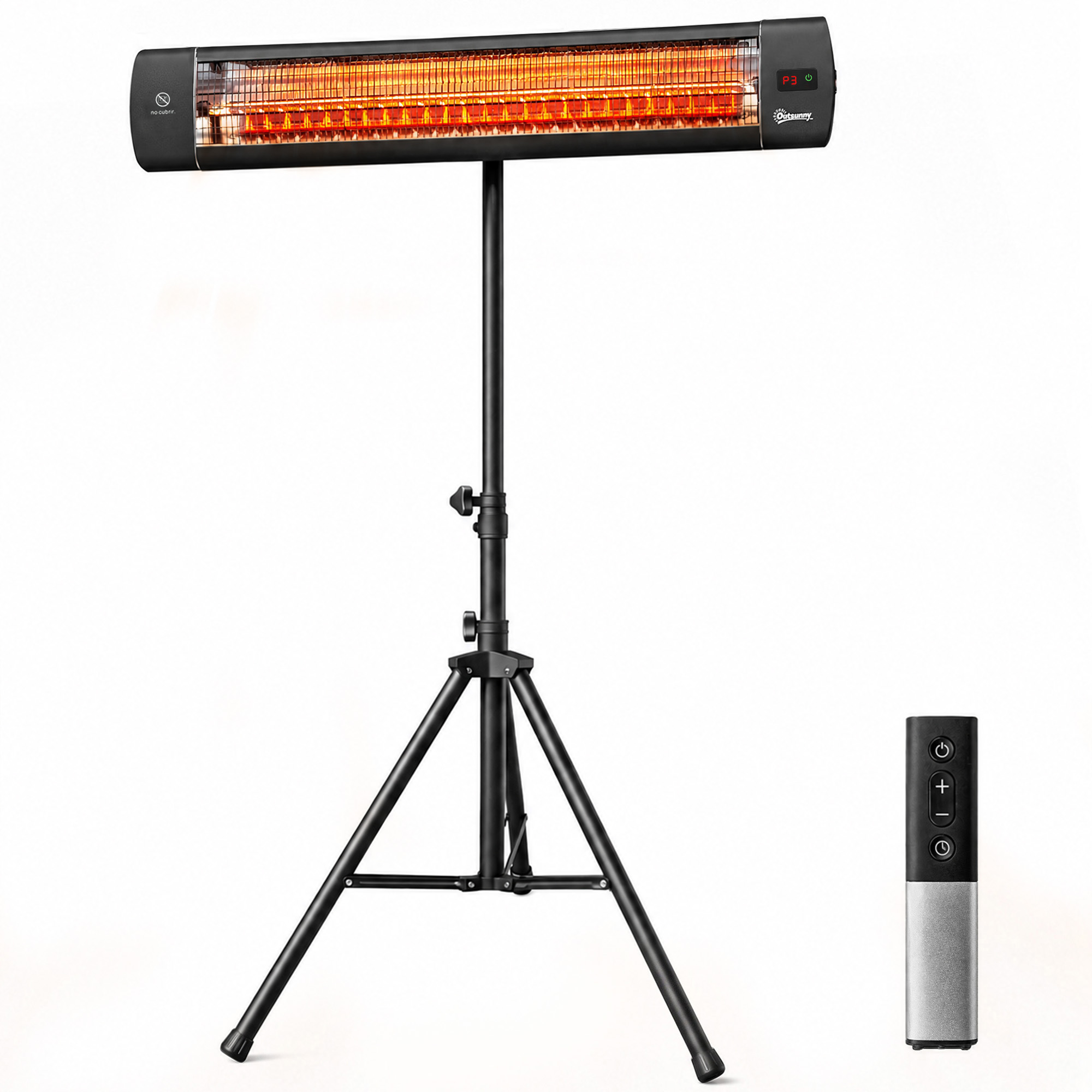 Outsunny Calefactor por Infrarrojos para Terraza 2500 W, Estufa Exterior Eléctrica de Pie de Aluminio con IP65, Trípode Regulable, 3 Niveles de Calor, Control Táctil/Remoto, Temporizador 24 H, 15 ㎡