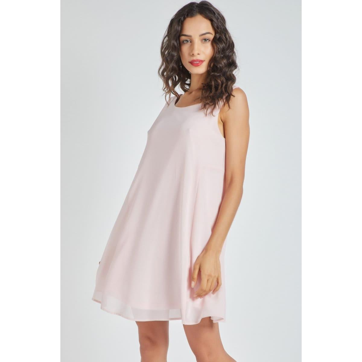 Vestido mujer Love & Money gasa rosa, corto, sin mangas, escote redondo, liso, forro interior, corte suelto, elegante y cómodo, talla L, ideal primavera verano, vestido dress outfit rosa claro ✅Entrega 24/48h
