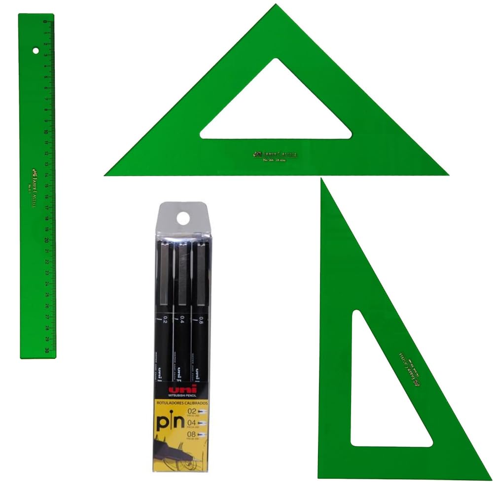 Faber Castell Técnico - Regla 813-30 Cms + Escuadra 566-25 Cms + Cartabón 666-25 Cms-Tres Rotuldores Calibrados-Indicado para uso escolar y profesional