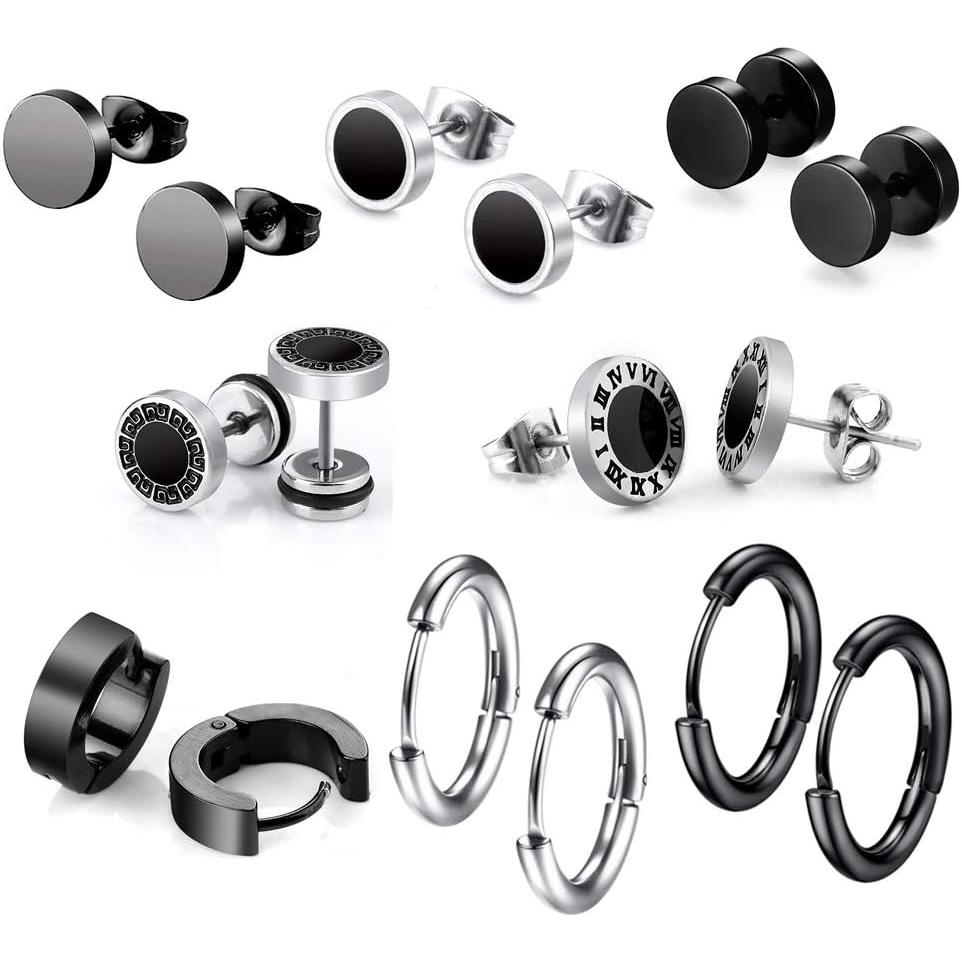 Pares de Pendientes de acero Inoxidable para Hombres, 8 mm de acero Inoxidable Clip Pendientes de Esmalte Piercing Ear Bisel Redondo