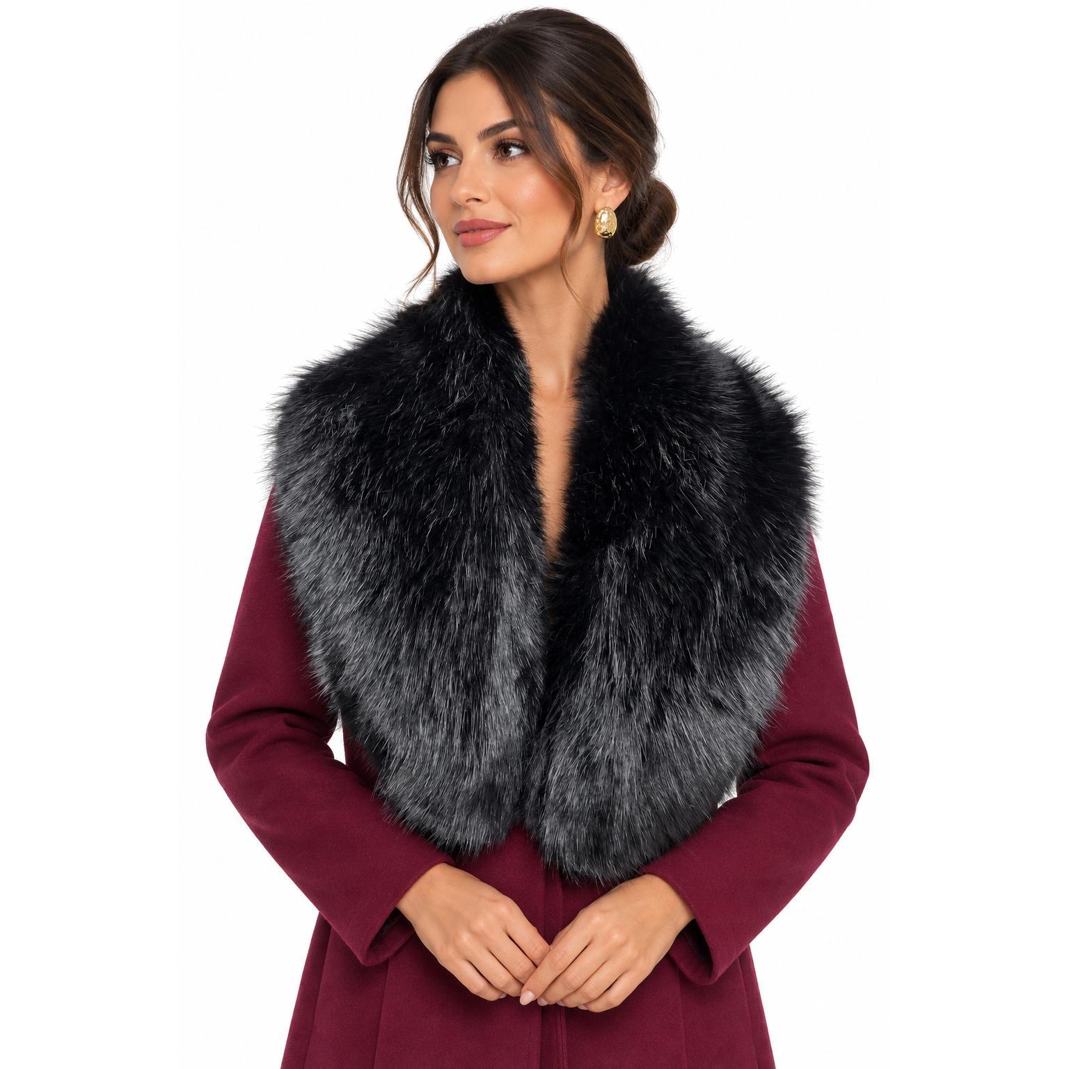 Elegante Cuello de Pelo Sintético Negro para Abrigo - Accesorio de lujo y calidez en material premium, ideal para combinar con prendas de invierno y abrigos clásicos 0388