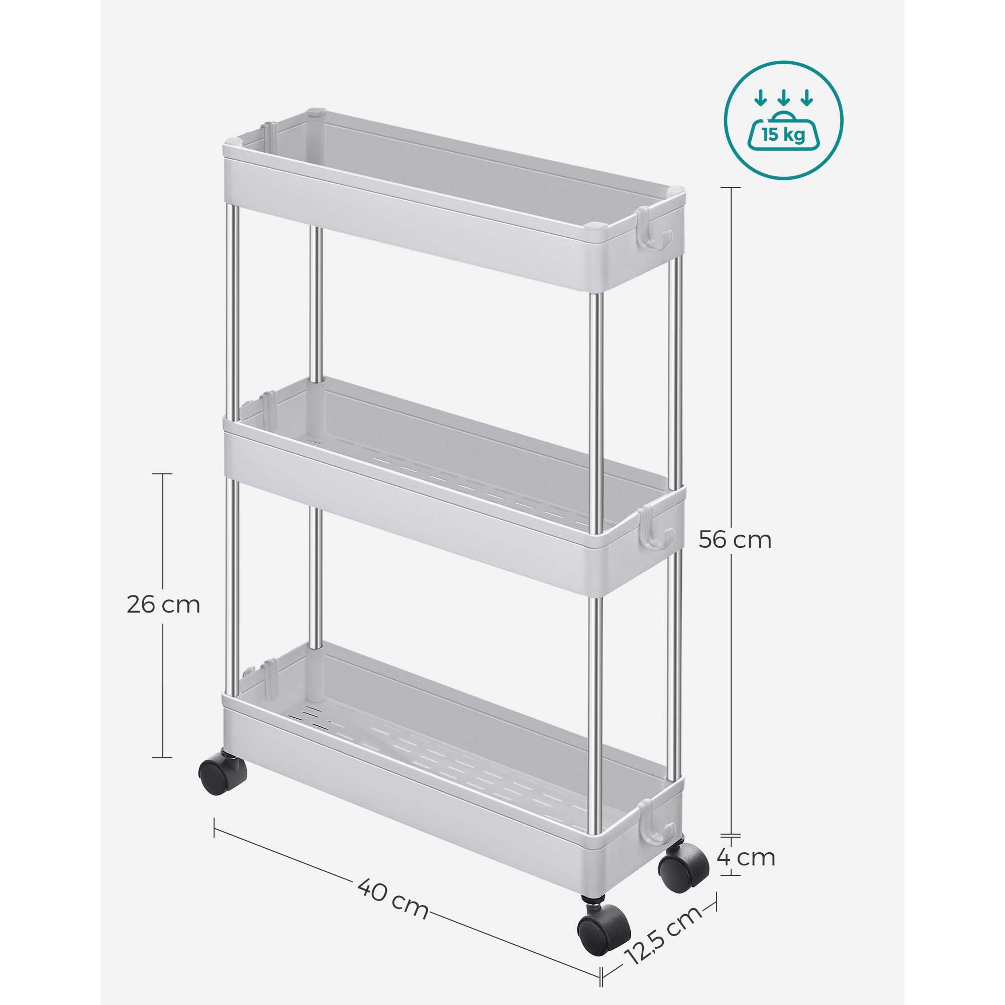 SONGMICS Carrito Auxiliar con Ruedas, Carrito Cocina, Estantería con Ruedas, Carrito para el Baño, para la Cocina, 40 x 13,5 x 60 cm, Gris/ Blanco