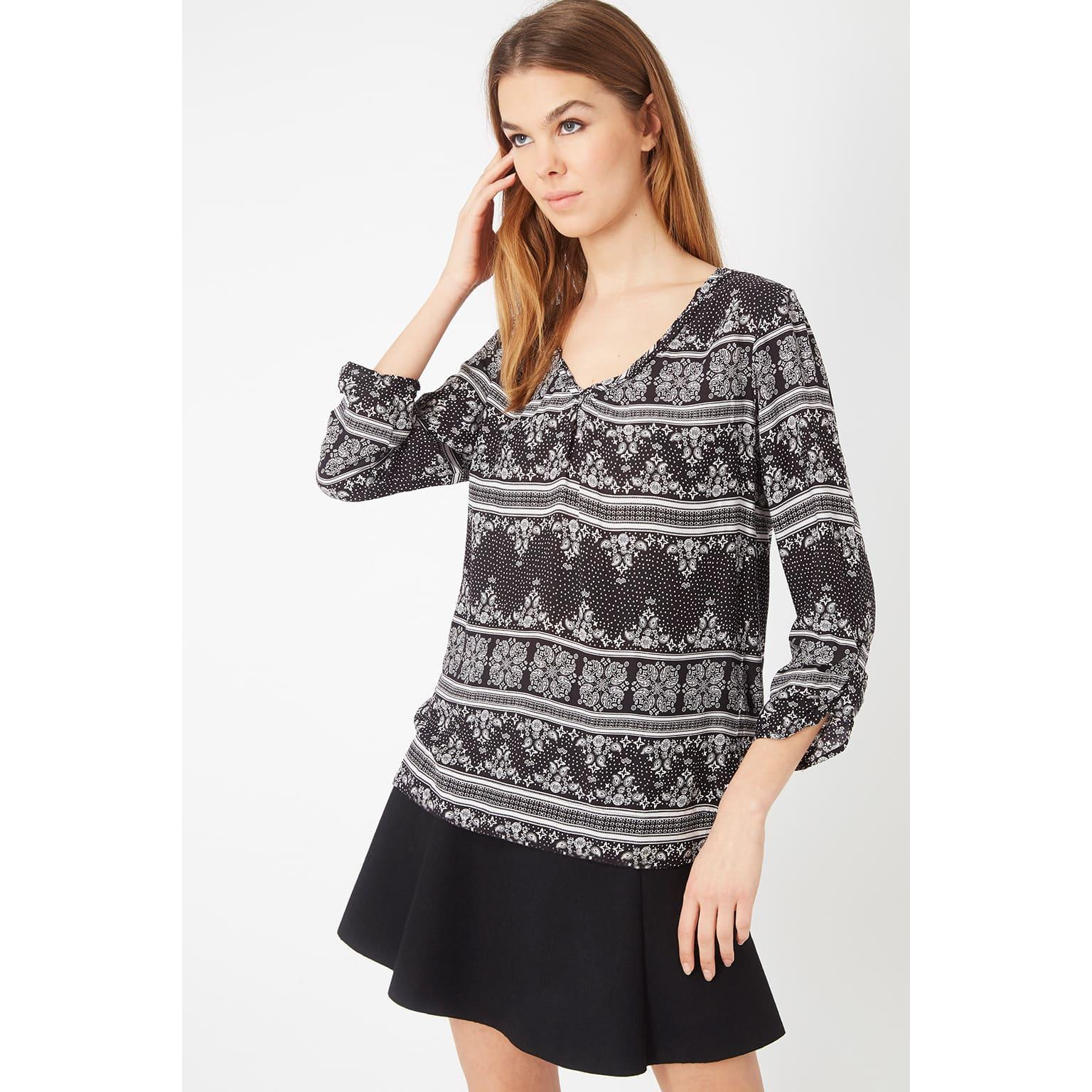 Blusa mujer, top estampado étnico, manga larga, cuello pico, cierre cremallera trasera, estilo casual y cómodo, modelo LA-050066, color negro, talla 38 disponible, ideal oficina y diario ✅Entrega 24/48h