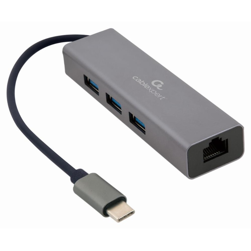 Gembird - Adaptador USB-C Gigabit 3xUSB 3.0 A-CMU3-LAN-01 con carcasa metálica gris para portátil y estación de trabajo