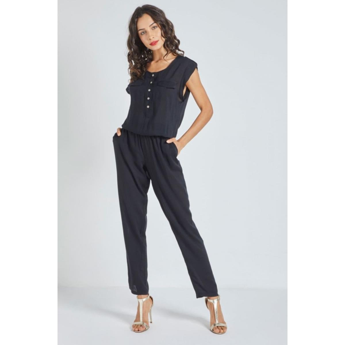 Mono fluido mujer jumpsuit sin mangas botones delanteros textura ligera elegante cómodo versátil suave color negro talla S perfecto oficina eventos casuales ✅Entrega 24/48h