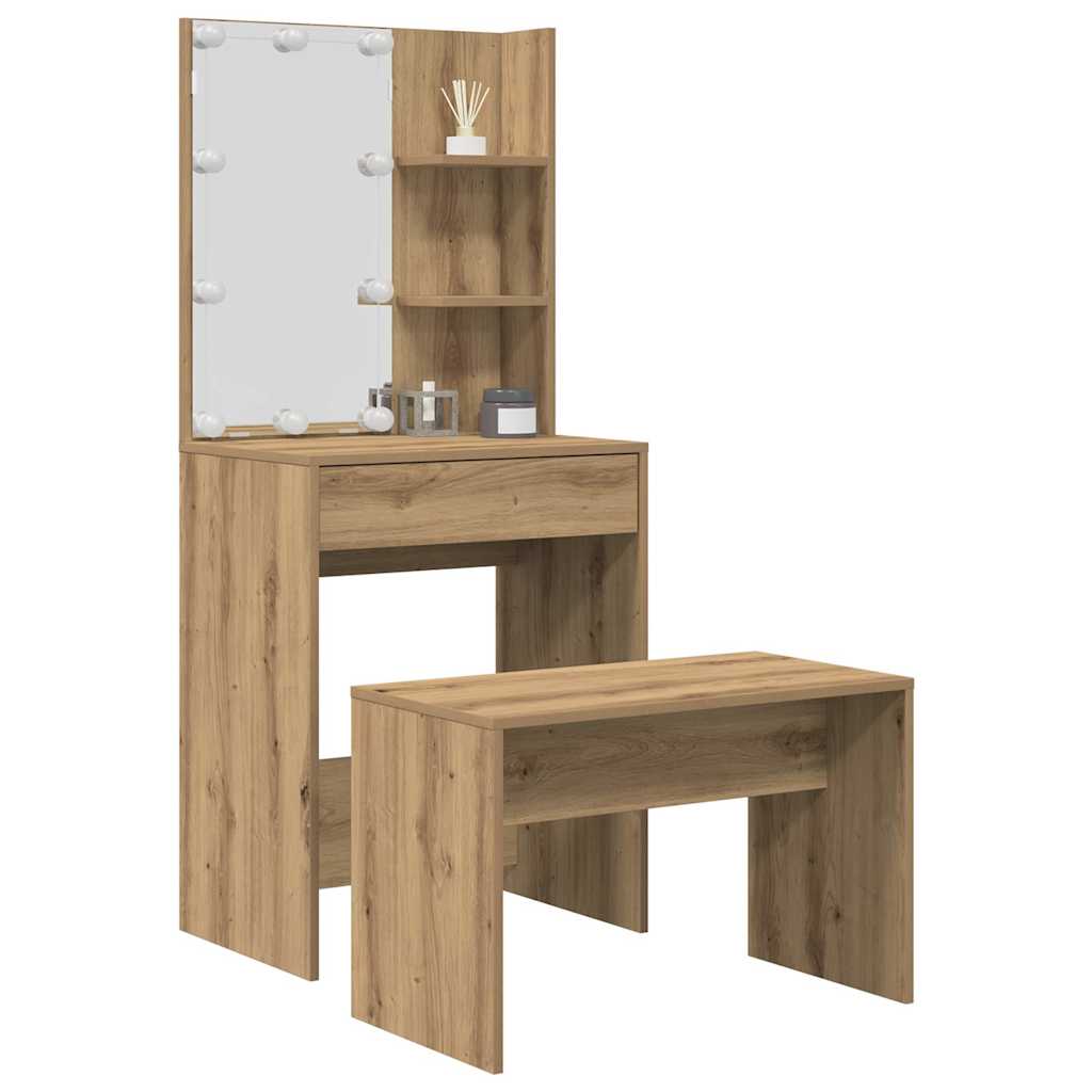vidaXL Juego de tocador con LED madera contrachapada en color Gris sonoma/Blanco brillante/Roble artisan y más