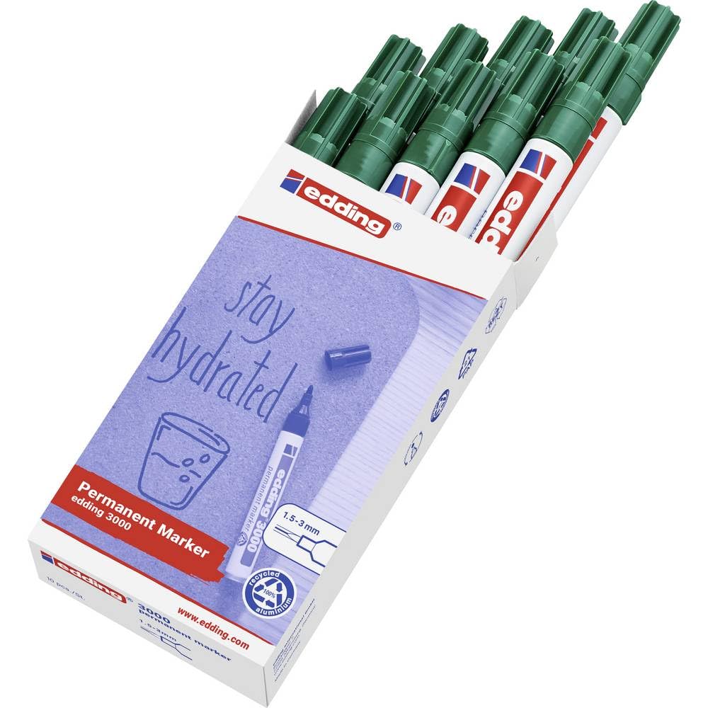 edding 3000 marcador permanente - verde - 10 rotuladores - punta redonda 1,5-3 mm - indeleble de secado rápido - resistente al agua y a los borrones - cartón, plástico, madera, metal, tela - universal