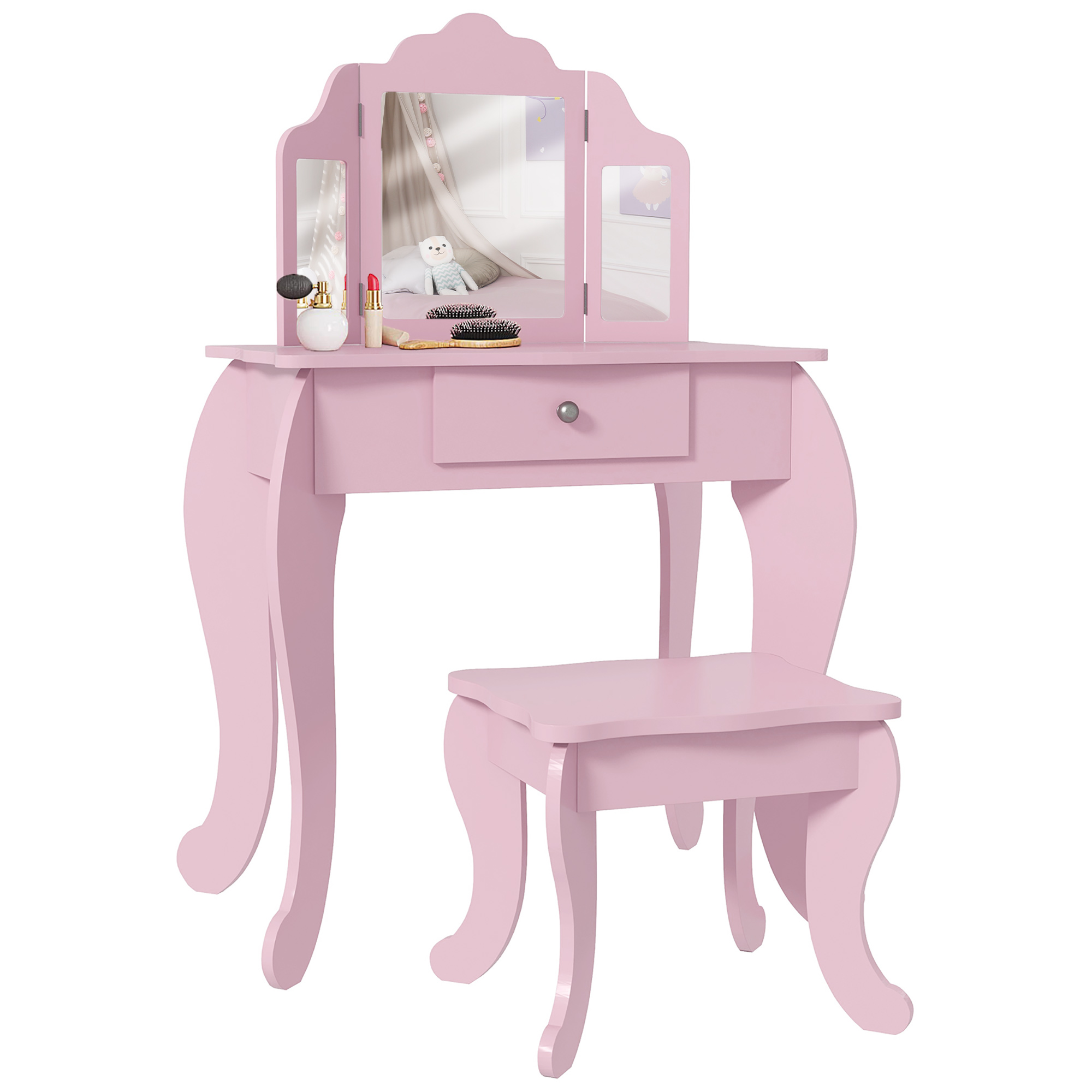 HOMCOM Tocador Infantil con Taburete y Espejo Ajustable, Tocador para Niñas con Cajón, Mesa de Maquillaje para Niños y Niñas de 3-6 Años, Rosa