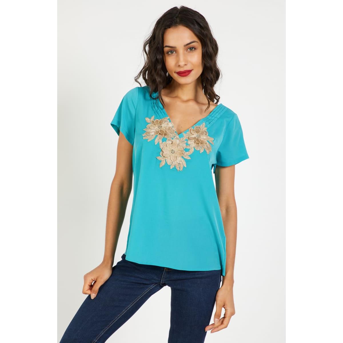 Blusa mujer, top elegante escote V, bordado flores, manga corta, tela suave, casual urbana, cómoda y fresca, color turquesa, talla 38 disponible, ideal combinar jeans y faldas, sofisticación diaria ✅Entrega 24/48h