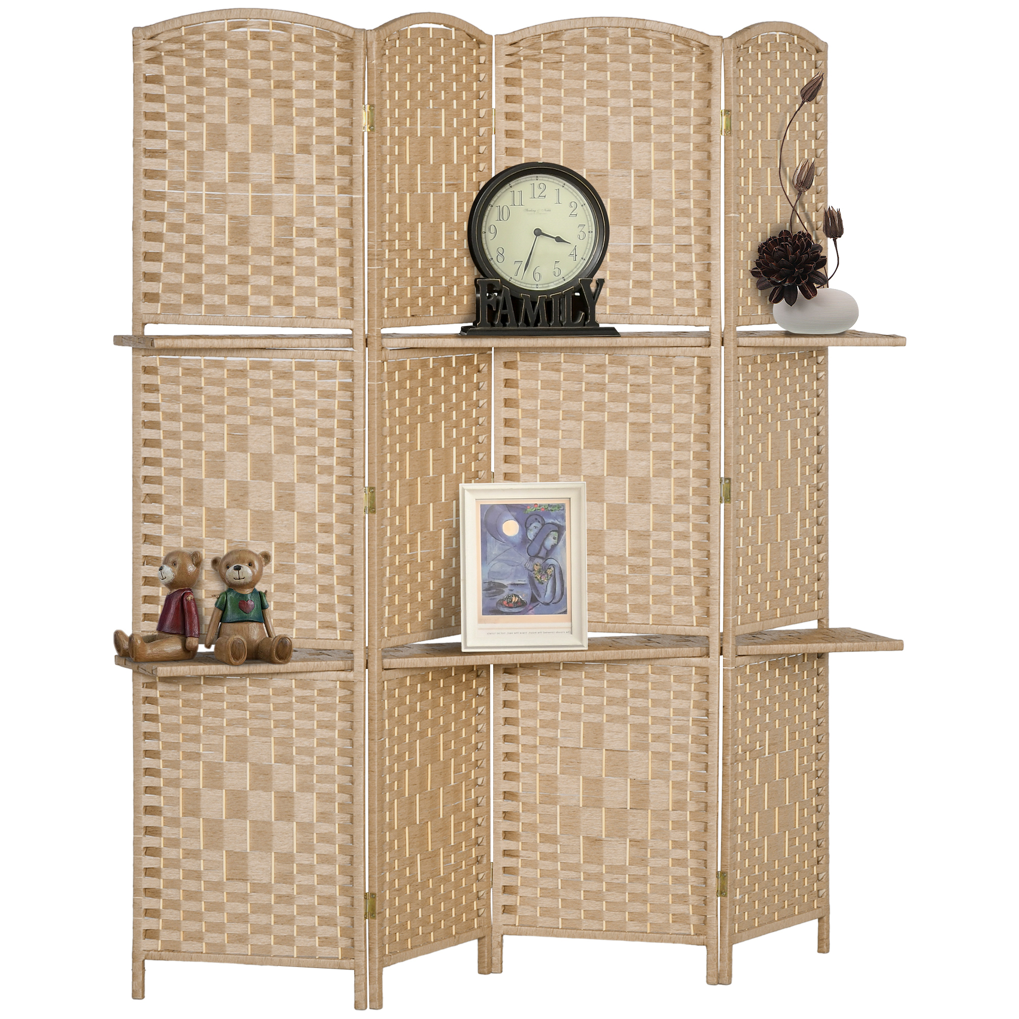 HOMCOM Biombo Separador de Ambientes de 4 Paneles 160x170 cm con 2 Estantes de Exhibición Extraíbles Pantalla de Privacidad Plegable Divisor para Oficina Dormitorio Natural