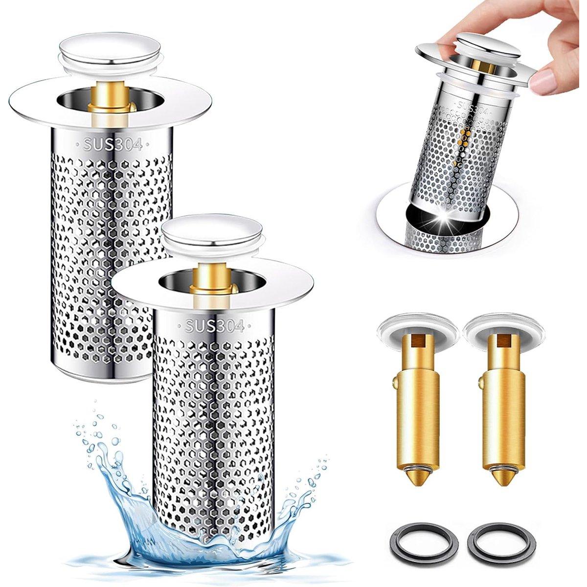 piezas (8 cm de largo) - Tapón para lavabo - Colador de desagüe - Colador de fregadero de baño con atrapapelos - Filtro de desagüe emergente para fregadero de cocina con cesta de filtro de acero inoxidable extraíble con atrapapelos - Tapón de desagüe para