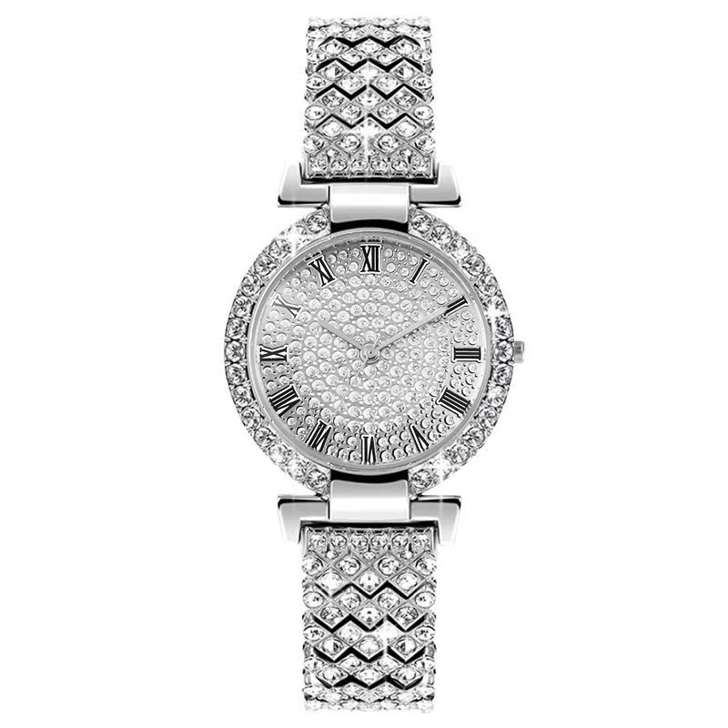 TK Reloj para mujer con letras romanas, lleno de diamantes, movimiento de cuarzo, correa de brazalete, un reloj de lujo para la mujer