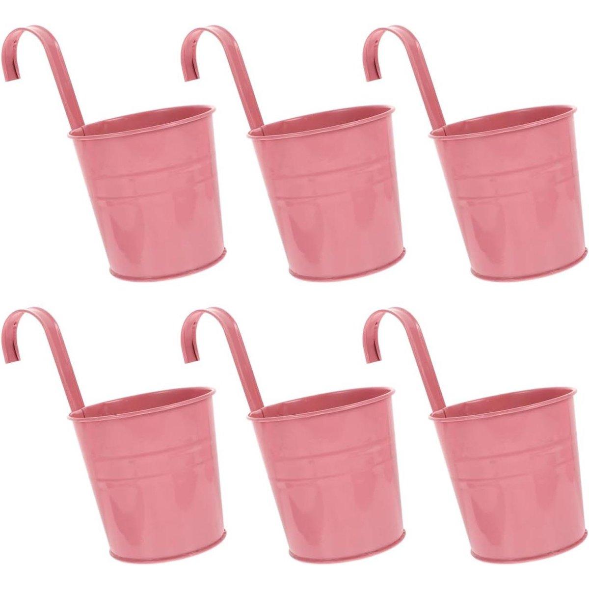 Macetas colgantes rosas - Juego de 6 jardineras metálicas con gancho extraíble para balcón y jardín.