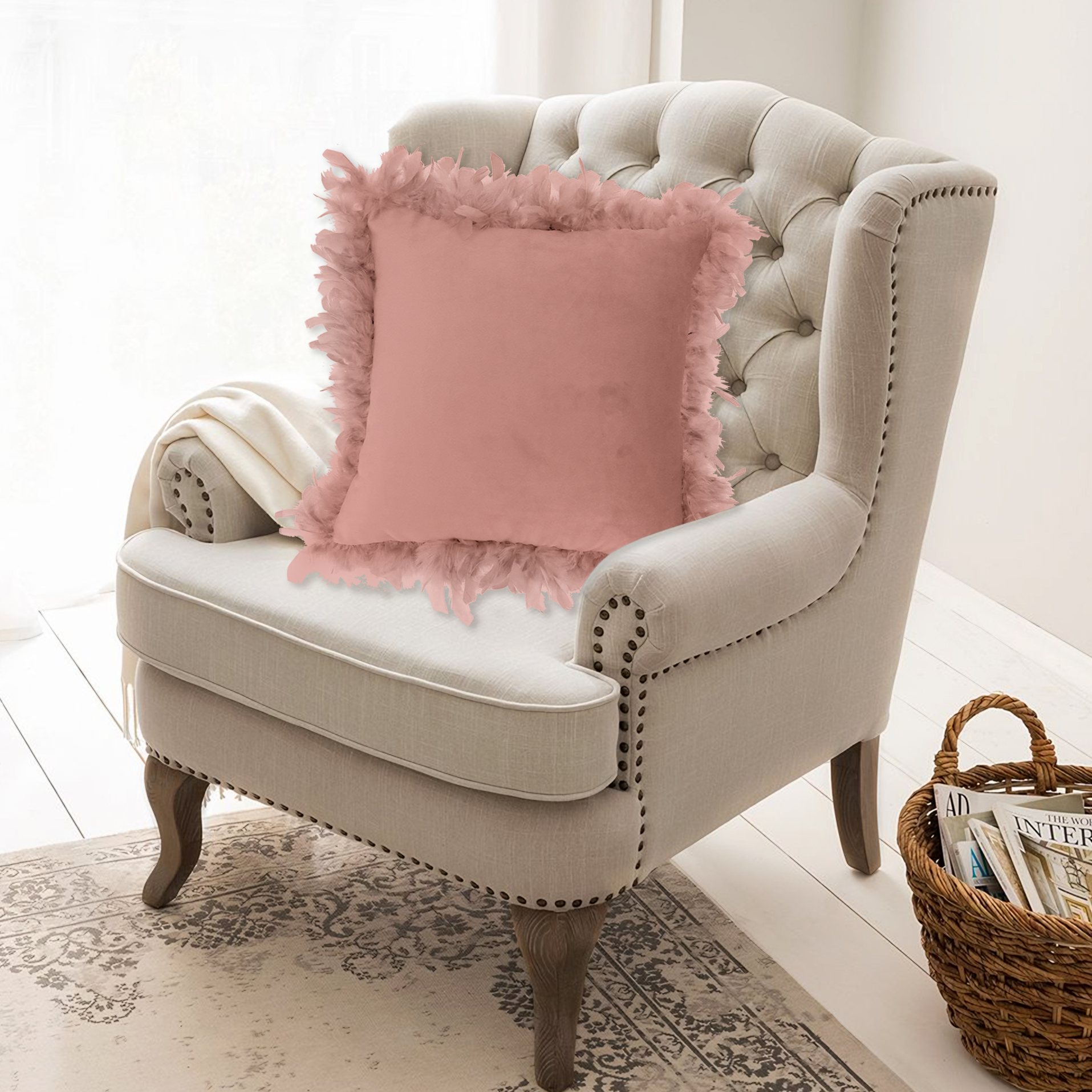 Vivid Torral - Cojín decorativo de terciopelo con plumas y relleno incluido 45 x 45 cm (5 colores: Rosa, Gris, Verde, Blanco y Negro)