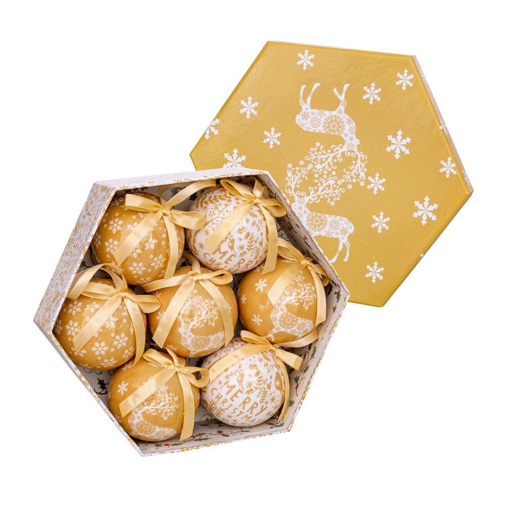 Set 7 bolas de Navidad de polyfoam decoradas con renos dorados 7 cm Decora tu árbol con este ligero y elegante adorno. Aporta destellos dorados que realzan tu decoración navideña sin romperse. LOLAhome
