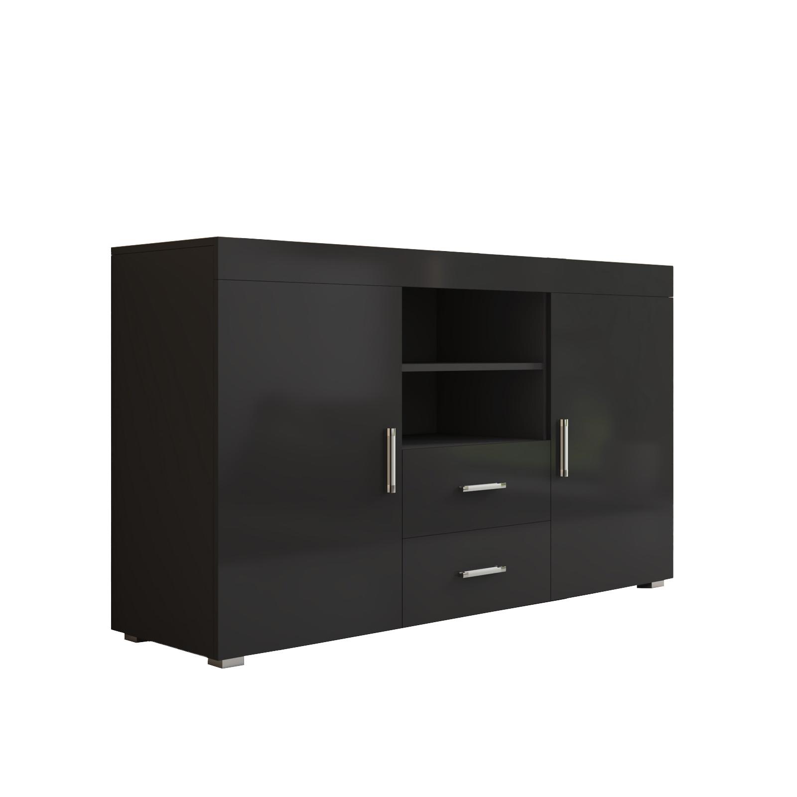 MB Muebles Bonitos - Aparador de salón modelo Roque en melamina brillo 140x80x40 cm con 2 puertas, 2 cajones y 2 estantes abiertos para diseño moderno
