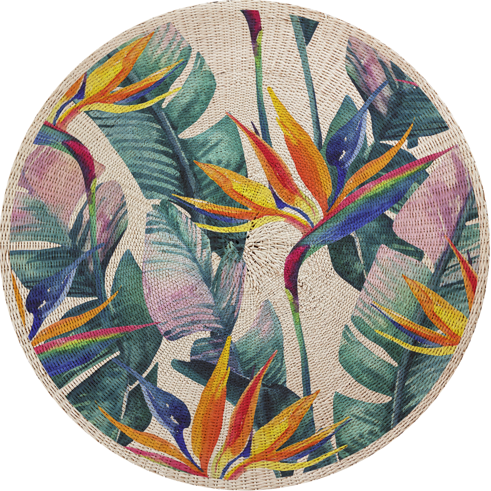 VINILIKO, set de 4 individuales de vinilo Circular flor del paraíso mimbre  4u-[Diam] 40 cm