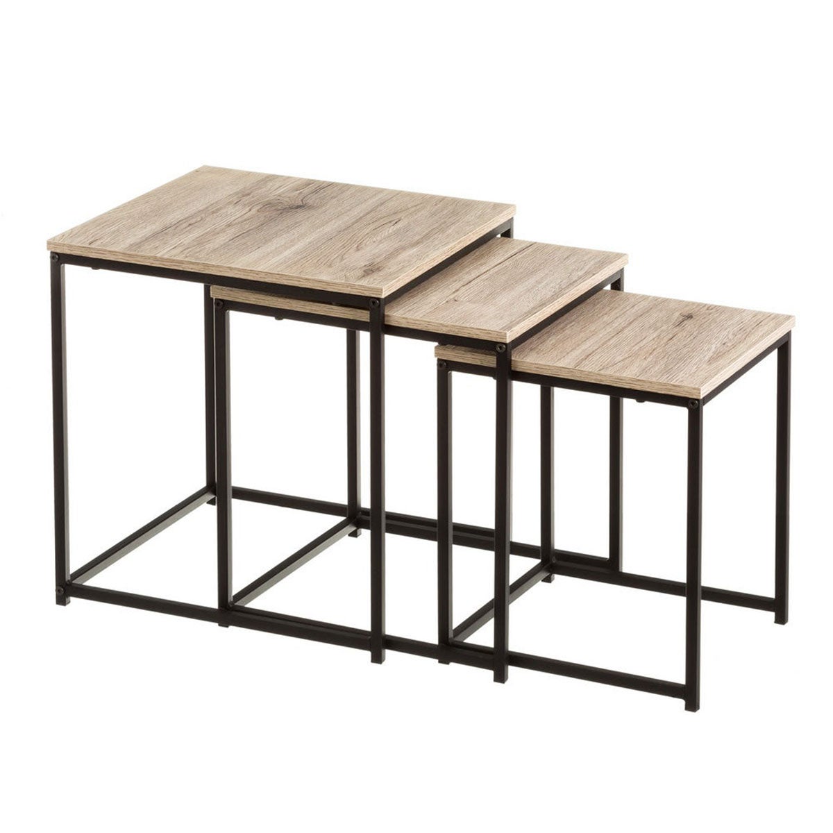 Set 3 mesas nido de metal negro y tablero color roble de 40cm, 35cm y 30cm Mesitas auxiliares cuadradas apilables, ideales para poner junto al sofá o comedor. CasaSelección